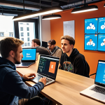 **A vibrant, collaborative coding session in a modern Warsaw co-working space. Diverse group of people working on open-source AI projects, illuminated by laptop screens, with "TensorFlow" or "PyTorch" stickers visible.  Focus on teamwork and innovation.**