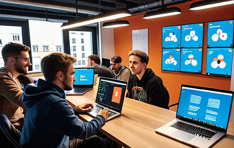 **A vibrant, collaborative coding session in a modern Warsaw co-working space. Diverse group of people working on open-source AI projects, illuminated by laptop screens, with "TensorFlow" or "PyTorch" stickers visible.  Focus on teamwork and innovation.**
