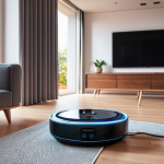 **

A modern, smart home interior. Focus on AI-powered devices: a smart speaker controlling lights, a security camera with facial recognition, and a robot vacuum cleaning. Emphasize convenience and technological integration. Style: Clean, futuristic, and slightly aspirational.

**
