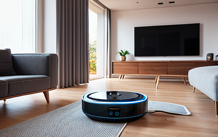 **

A modern, smart home interior. Focus on AI-powered devices: a smart speaker controlling lights, a security camera with facial recognition, and a robot vacuum cleaning. Emphasize convenience and technological integration. Style: Clean, futuristic, and slightly aspirational.

**