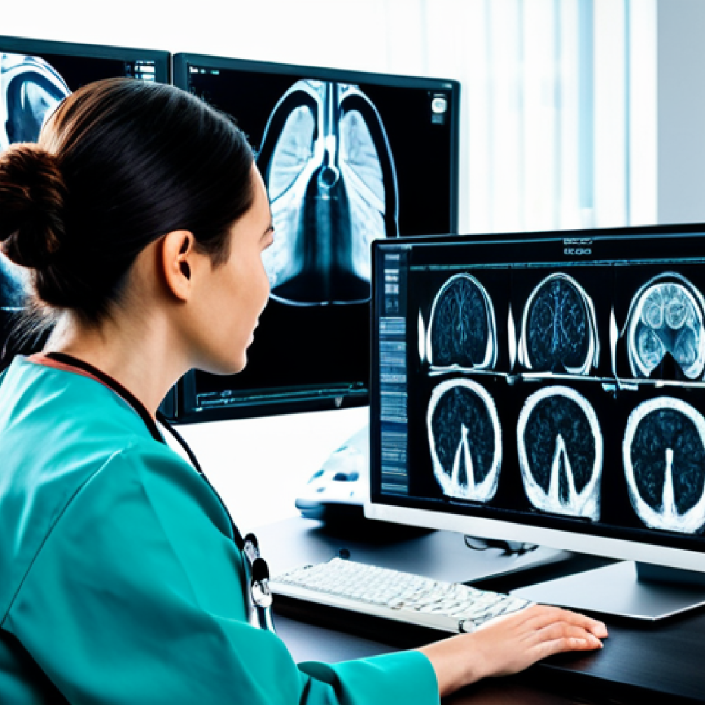 AI in Healthcare - Diagnostic Imaging**
"A modern hospital setting, a doctor analyzing a medical scan (MRI or X-ray) on a computer screen, AI overlay highlighting potential anomalies, fully clothed professional attire, safe for work, appropriate content, perfect anatomy, natural proportions, professional medical environment, high quality, family-friendly."
**