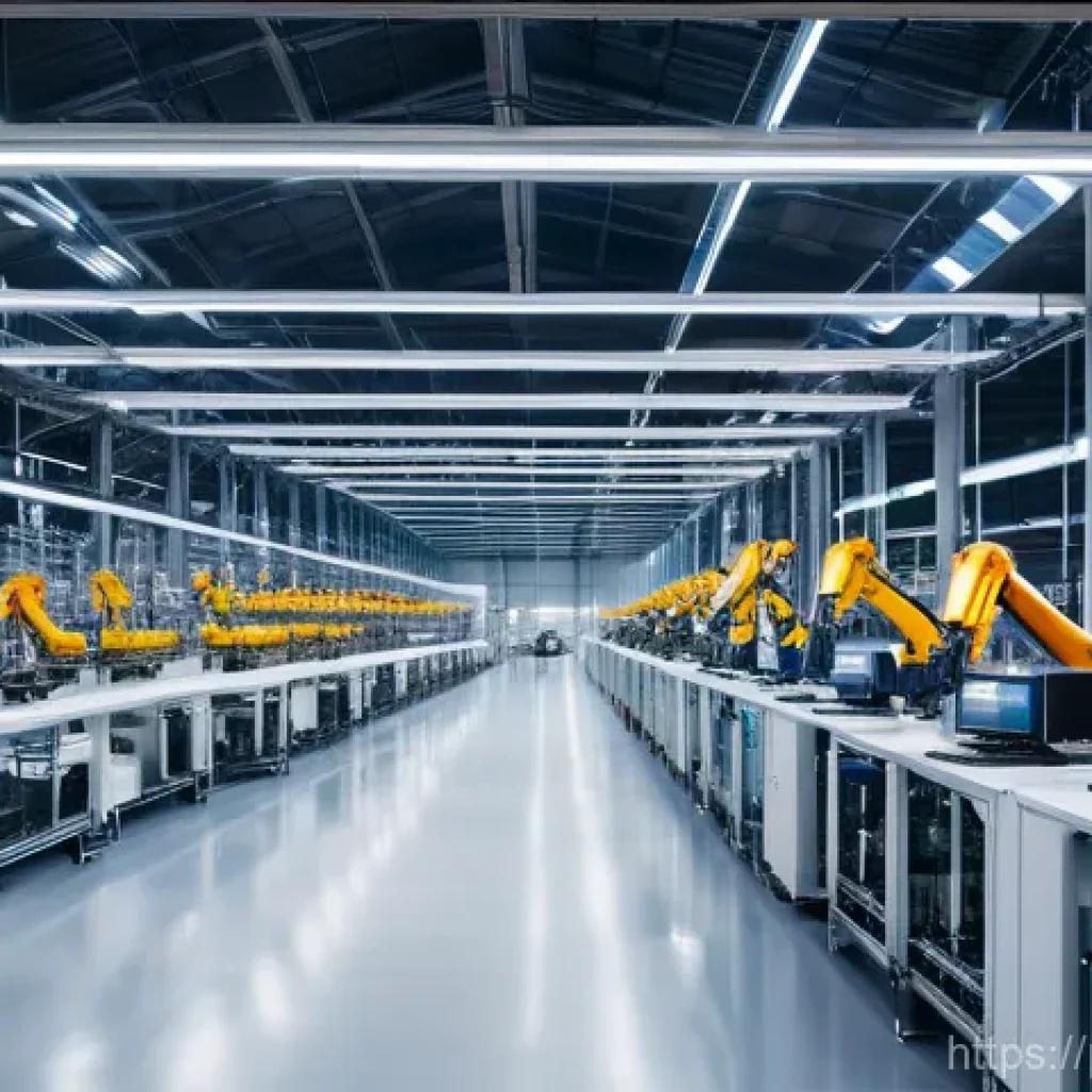 인공지능 개발자와 기업의 기대 - A brightly lit, futuristic factory floor in Poland, where advanced robotic arms and human technician...