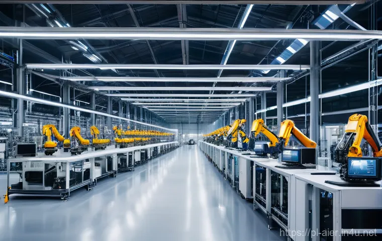 인공지능 개발자와 기업의 기대 - A brightly lit, futuristic factory floor in Poland, where advanced robotic arms and human technician...