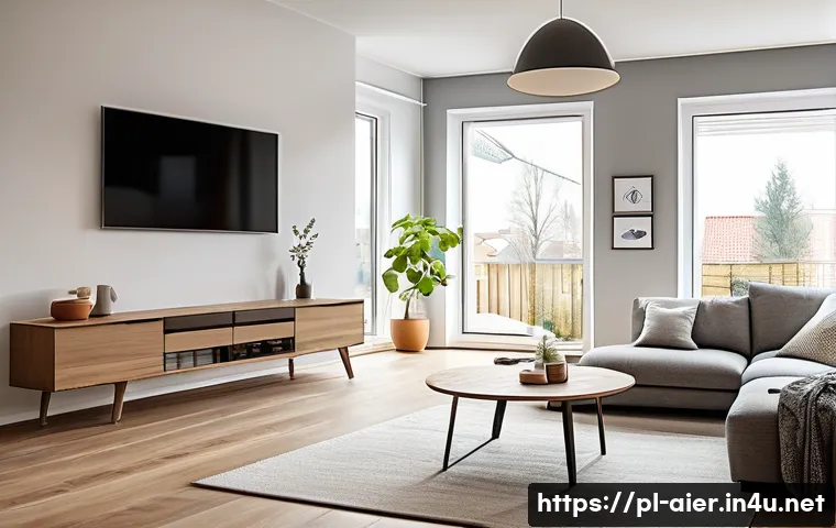 AI 기술과 환경 지속 가능성 - A modern Polish smart home interior showcasing energy-efficient technology: a cozy living room with ...