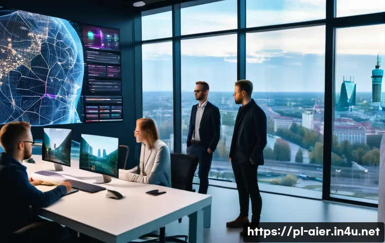 인공지능 전문가의 인터뷰 준비 방법 - A modern office environment in Warsaw with a diverse group of professionals engaged in an AI strateg...