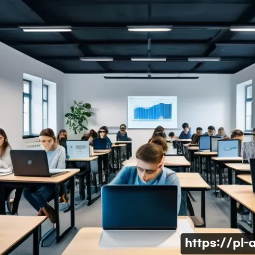 AI 분야 학위 취득과 학습 경로 - A modern university classroom in Poland focused on AI education, showing diverse students engaged in...