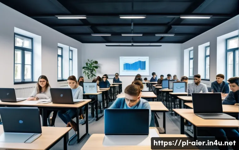 AI 분야 학위 취득과 학습 경로 - A modern university classroom in Poland focused on AI education, showing diverse students engaged in...