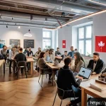 인공지능 개발자 커뮤니티 활용법 - A vibrant Polish AI community meetup scene inside a modern coworking space in Warsaw, featuring dive...