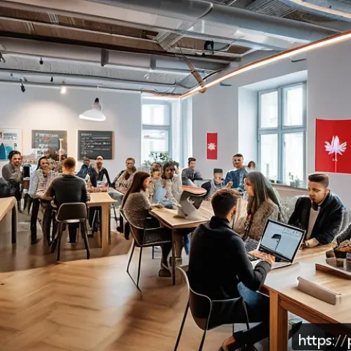 인공지능 개발자 커뮤니티 활용법 - A vibrant Polish AI community meetup scene inside a modern coworking space in Warsaw, featuring dive...
