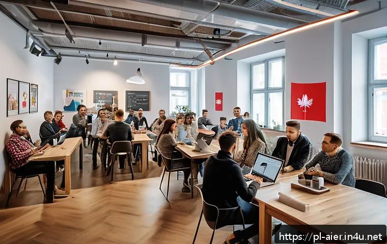 인공지능 개발자 커뮤니티 활용법 - A vibrant Polish AI community meetup scene inside a modern coworking space in Warsaw, featuring dive...