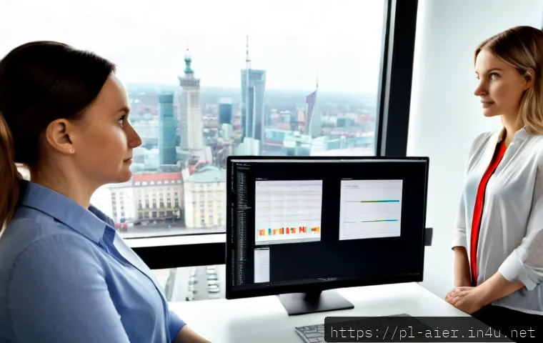 Home 17 딥러닝 프로젝트의 윤리적 고려 - Photorealistic ethical deep learning project review in a modern Warsaw technology office, diverse Po...