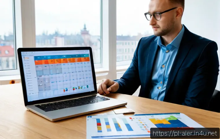 Home 30 AI 프로젝트 일정 관리 방법 - Photorealistic modern project manager in a bright Warsaw office, calmly reviewing an AI-assisted pro...